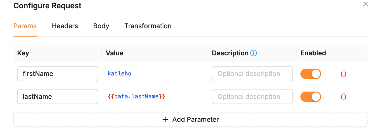Adding key/value parameters on the Params tab of the Configure Request dialog