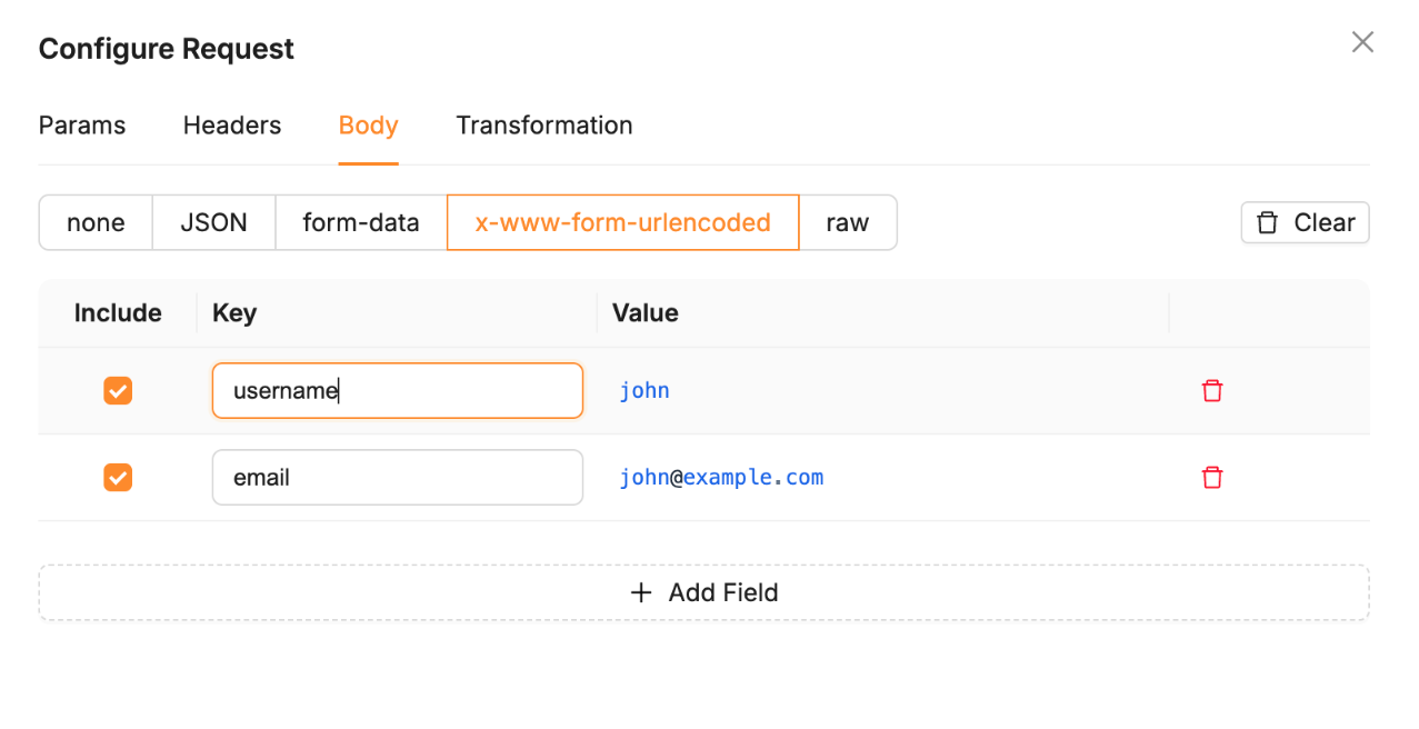 An x-www-form-urlencoded body configured against httpbin.org/post