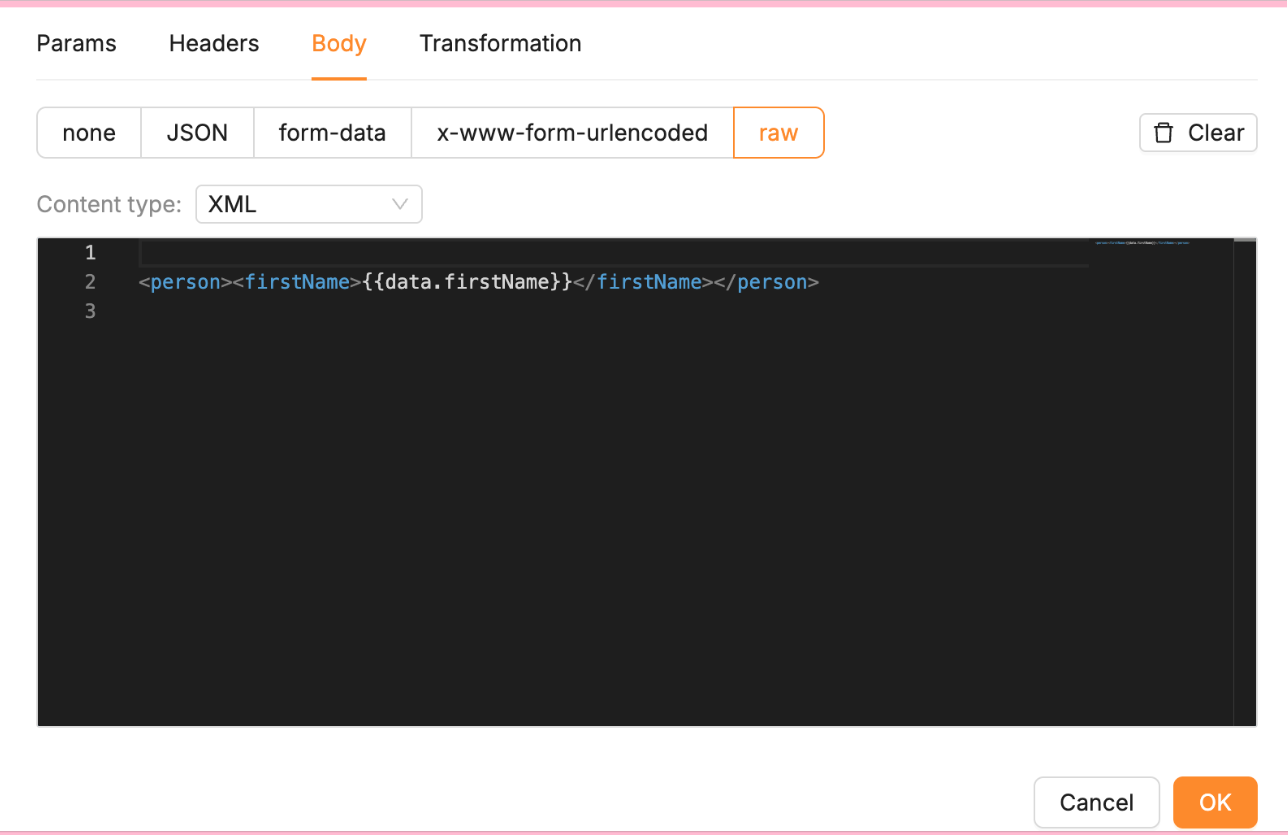 A raw XML body containing a Mustache expression