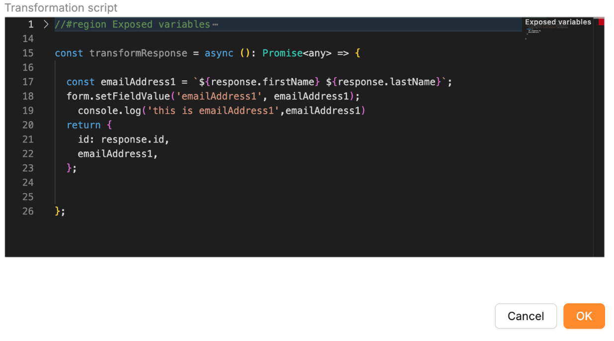The Transformation tab with a script deriving an email address and calling form.setFieldValue