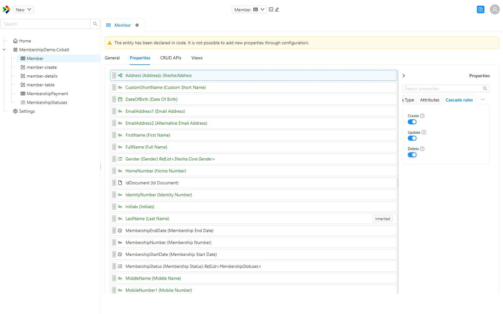 The Cascade rules tab for an entity reference property in the Configuration Studio, with Create, Update, and Delete all enabled.