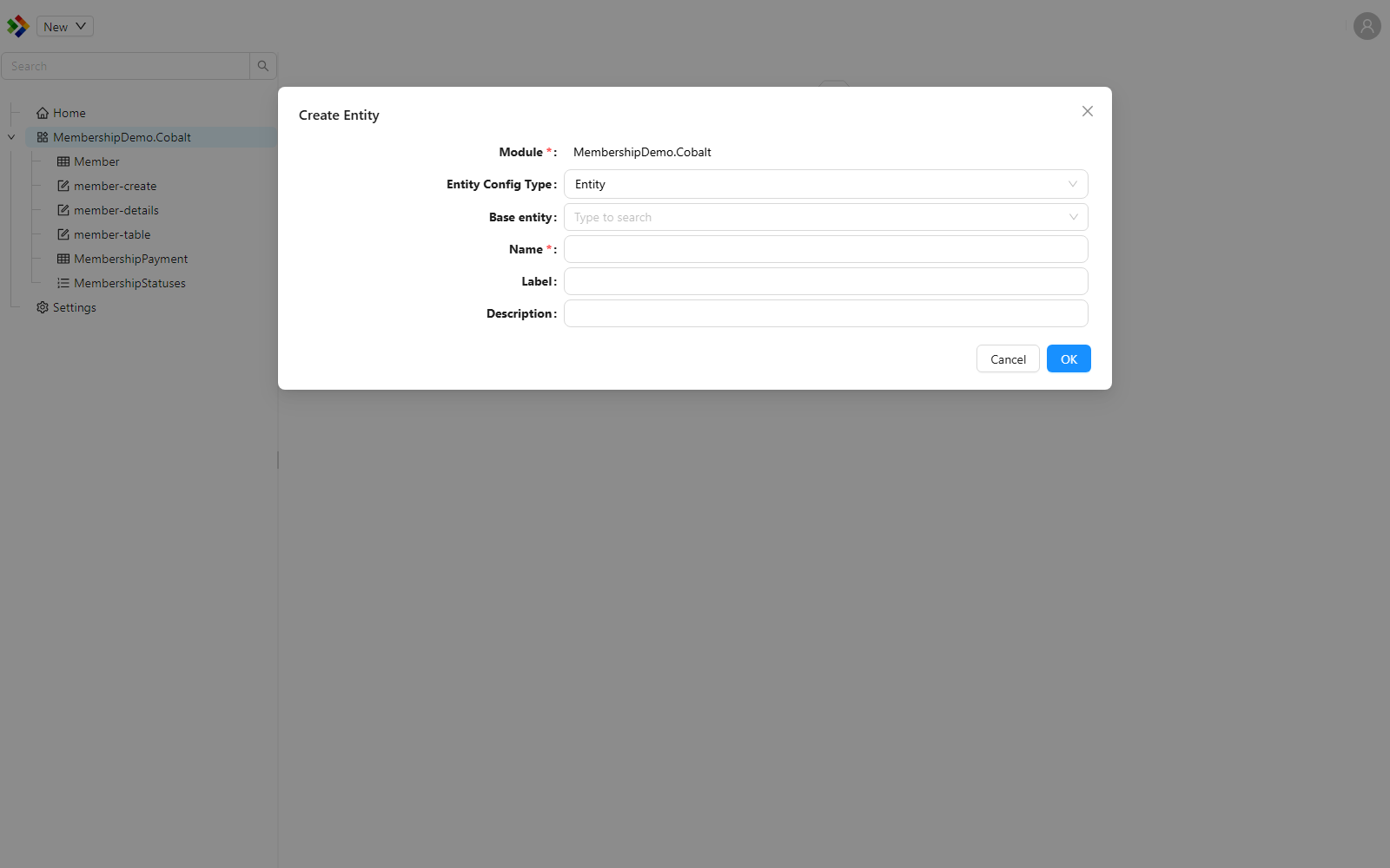 The Create Entity dialog, showing the Entity Config Type, Base entity, Module, Name, Label, and Description fields.