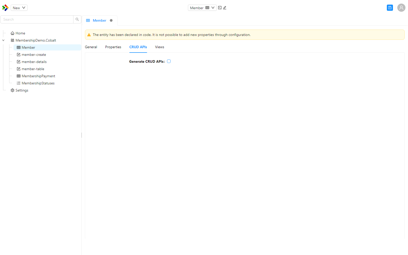 The CRUD APIs tab of the Member entity in the Configuration Studio, with the Generate CRUD APIs property unchecked.