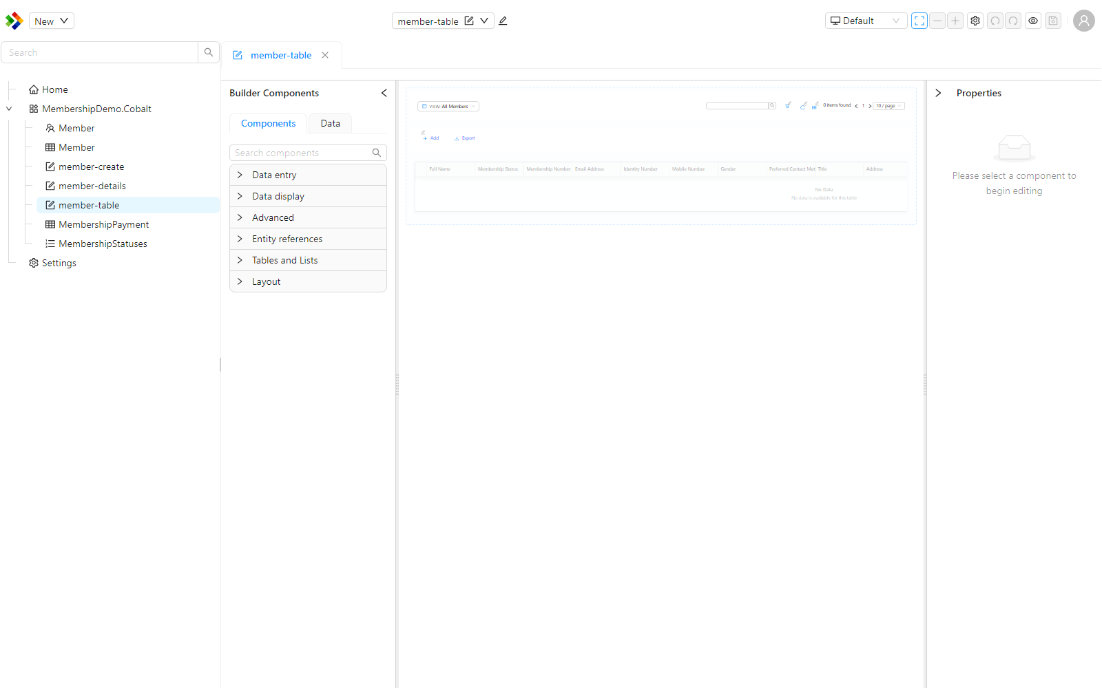 A pre-configured DataTable on the canvas, showing the surrounding data context, a toolbar with Add and Export buttons, search and paging controls, and columns.