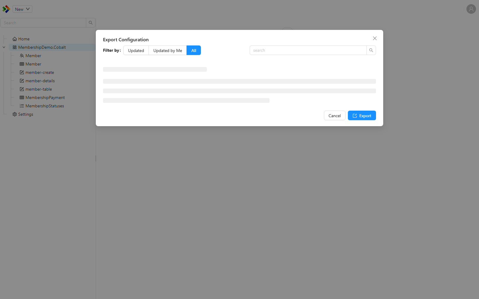 The Export Configuration dialog with the MembershipDemo.Cobalt module expanded and all of its items selected for export.