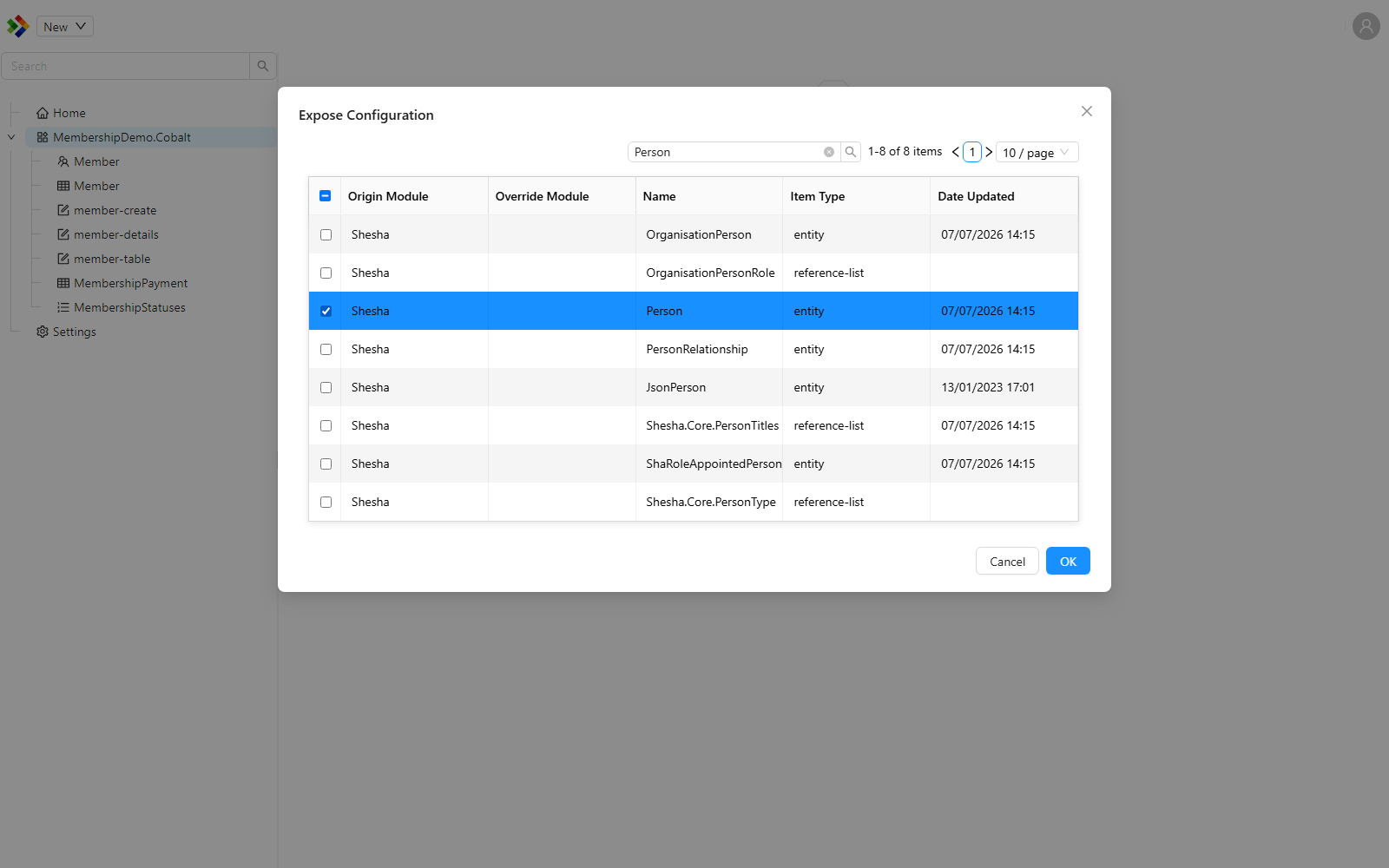 The Expose Configuration dialog opened from the Solution Explorer, with the base-module Person entity selected ready to be exposed into the MembershipDemo.Cobalt module.