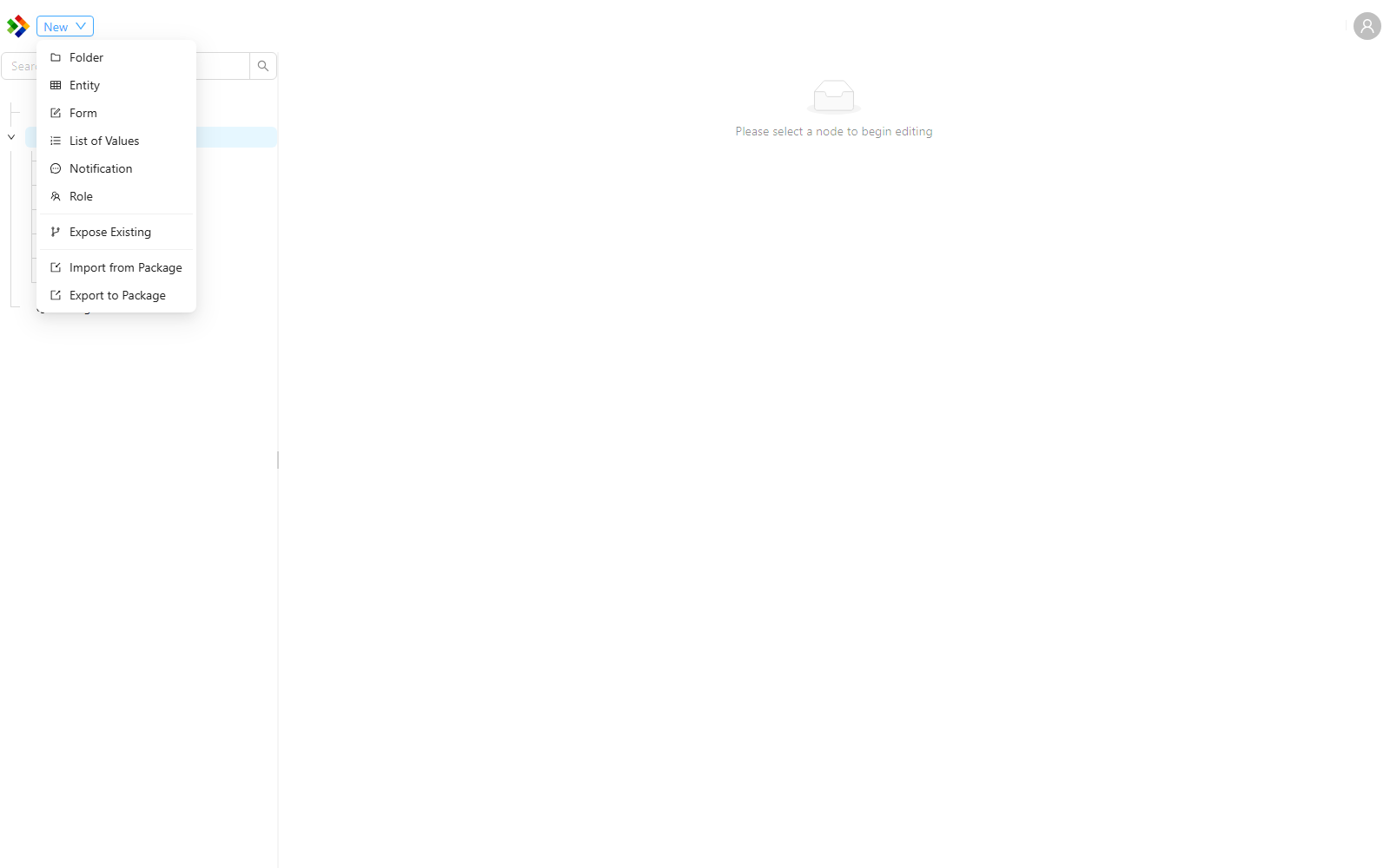 The context menu on the MembershipDemo.Cobalt module, with the New submenu expanded to show the item types that can be created: Folder, Entity, Form, List of Values, Notification, and Role.