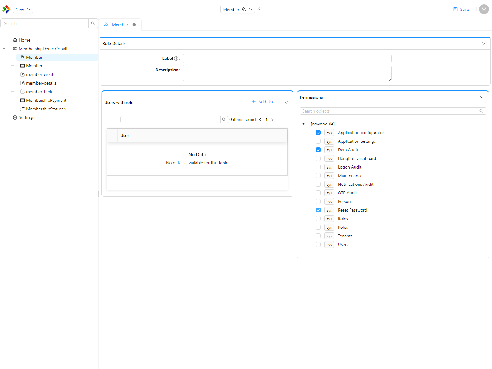 A role open in the Configuration Studio, showing the Permissions panel with several permissions ticked.