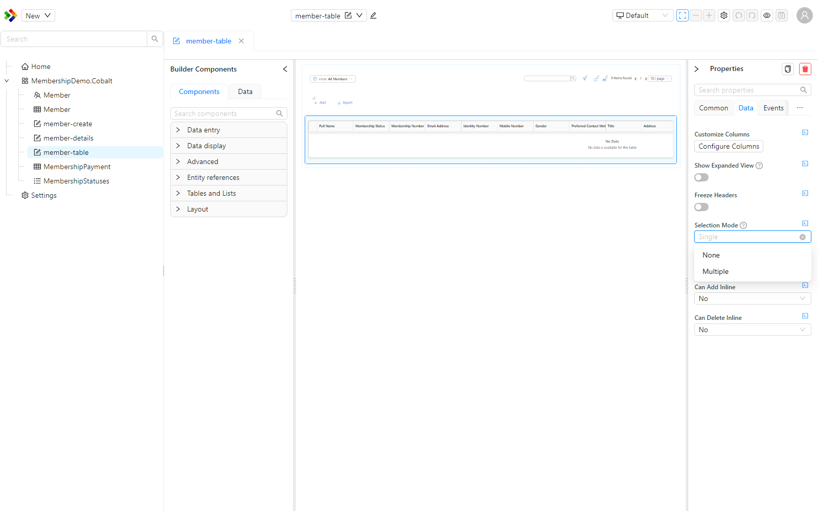 The Selection Mode setting on the DataTable's Data tab, with the dropdown open to show the None, Single, and Multiple options.