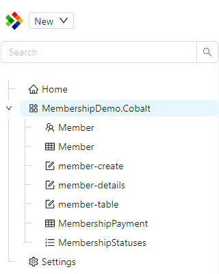 The Solution Explorer tree with the MembershipDemo.Cobalt module expanded to show its configuration items, including the Member entity and the member forms.