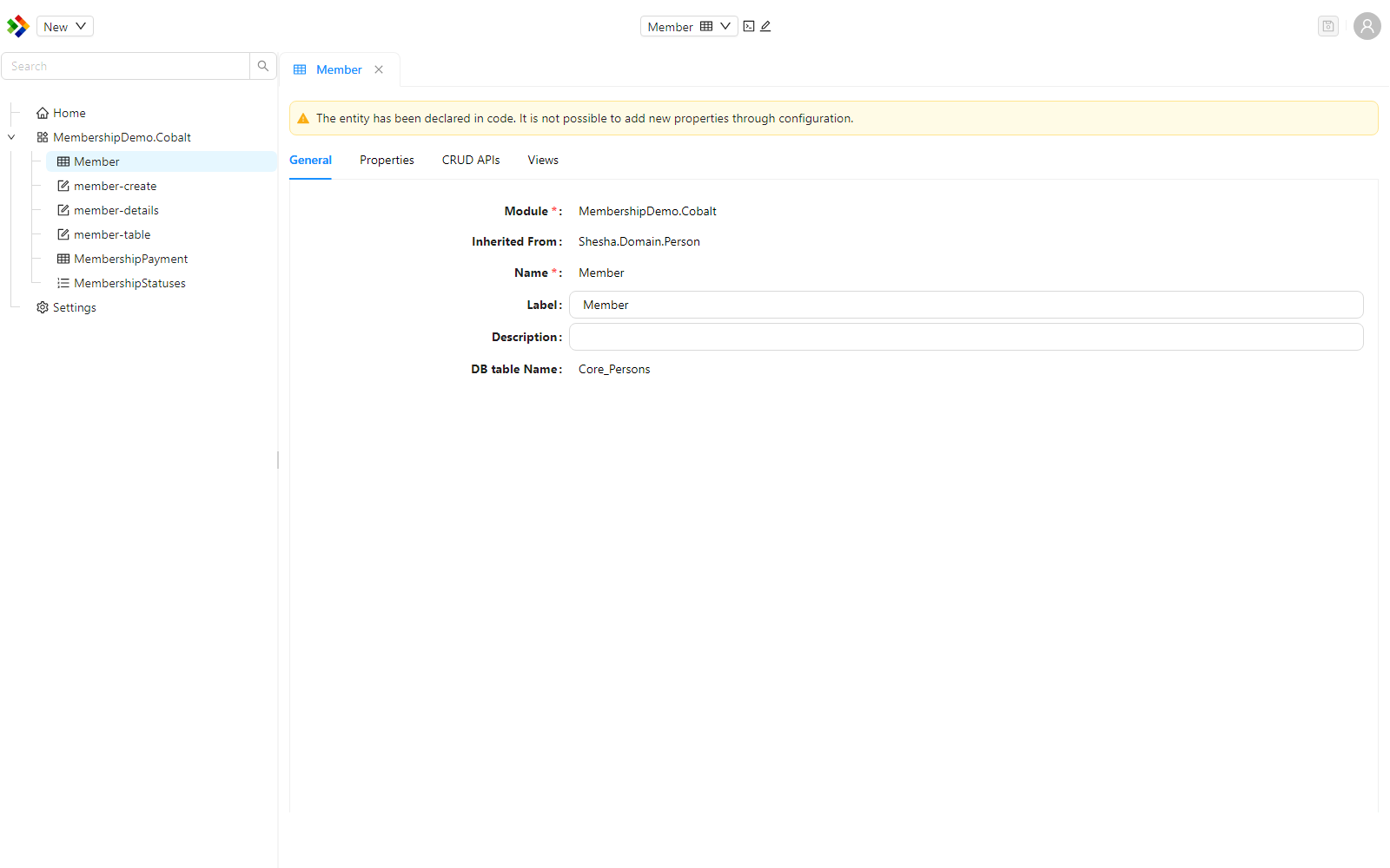 The Configuration Studio at /configuration-studio, showing the Solution Explorer on the left, the Work Area with the Member entity open on the right, and the Toolbar across the top.
