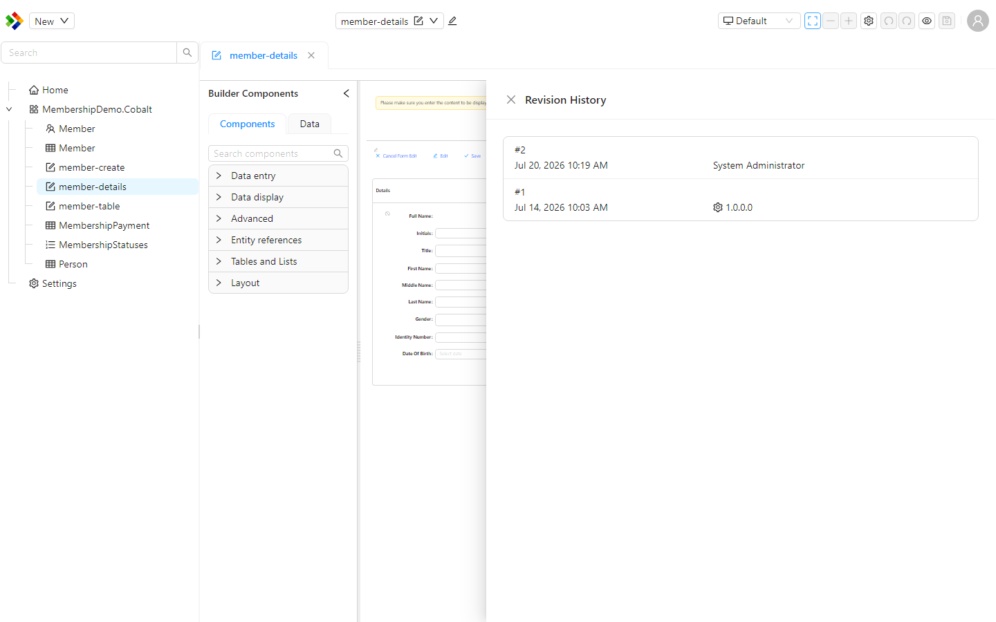 The Revision History panel for a form in the Configuration Studio, listing each saved revision with its timestamp and version number.