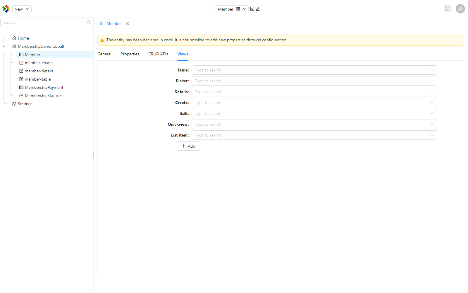 The Views tab of the Member entity, showing the Table, Picker, Details, Create, Edit, Quickview, and List item view slots.